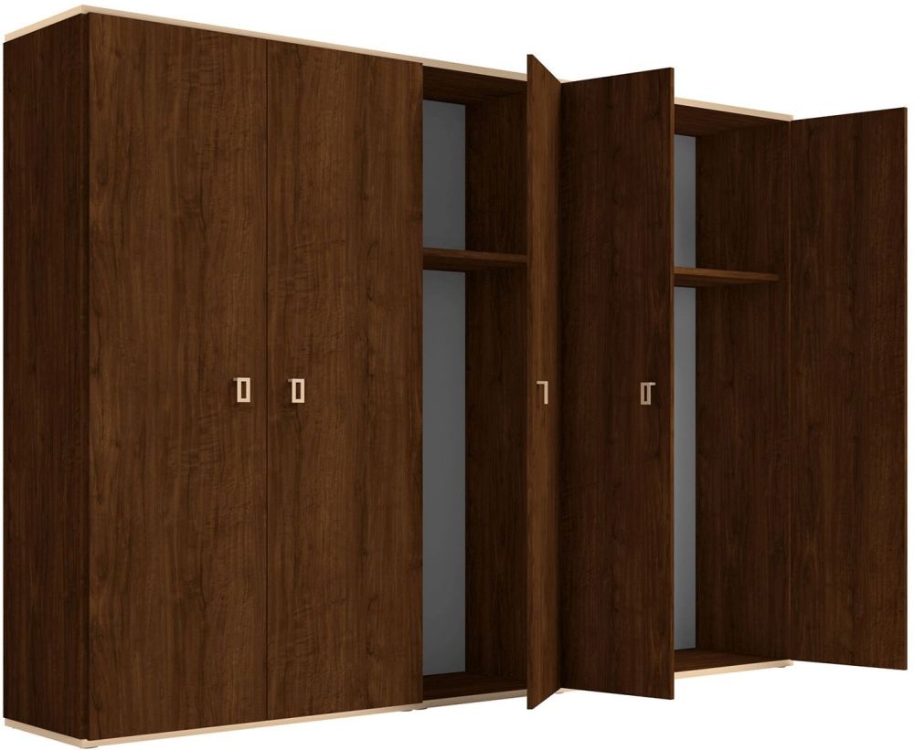 Product photograph of Modern Eva Walnut Italian 5 Door Wardrobe With Gold Trim from Choice Furniture Superstore.